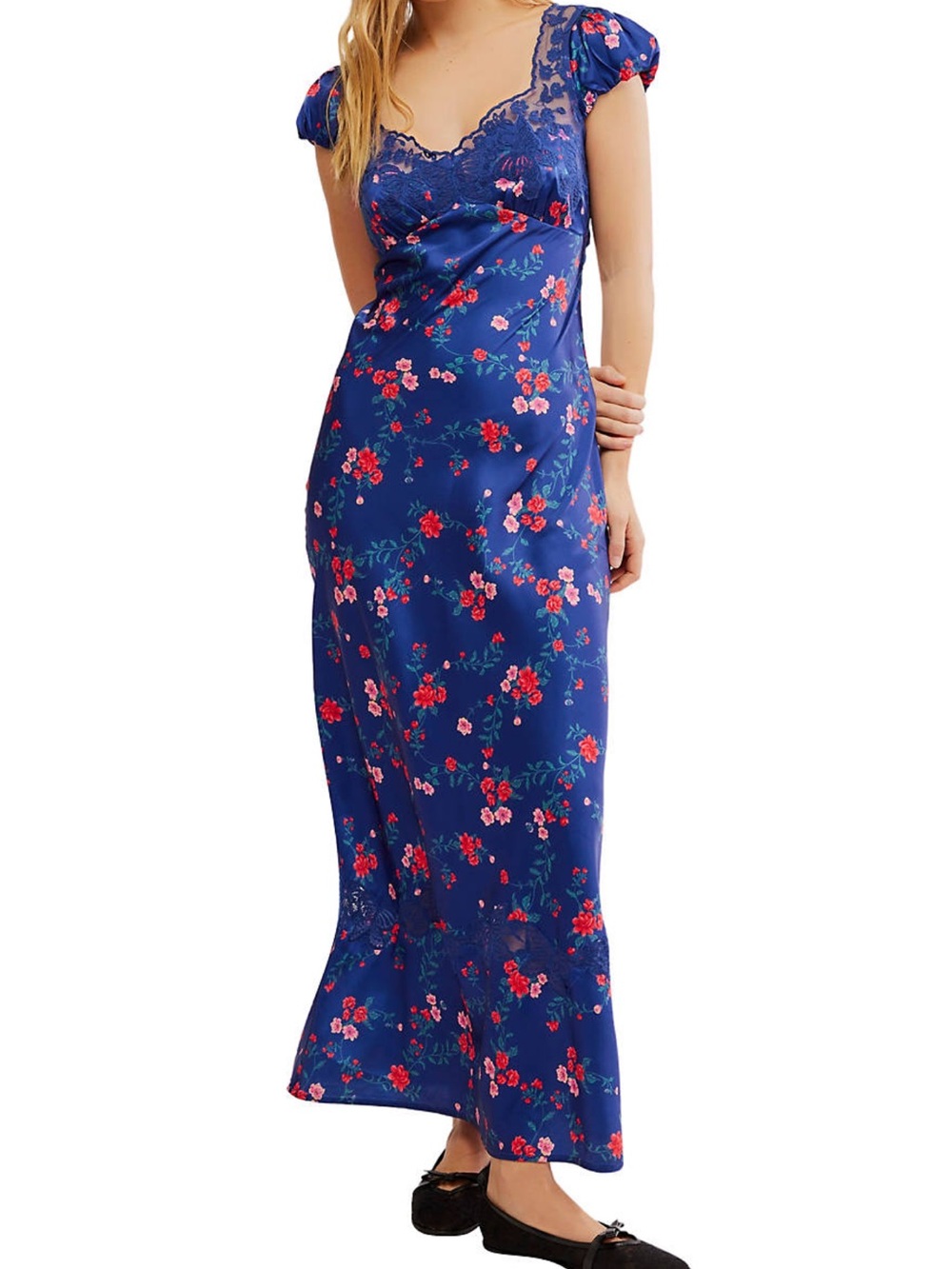 Free People Navy Blue Floral Lace-Trim Maxi Dress